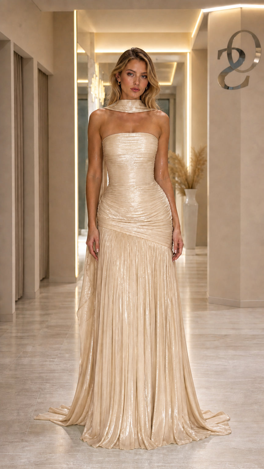 Front view of Champagne strapless evening gown with scarf