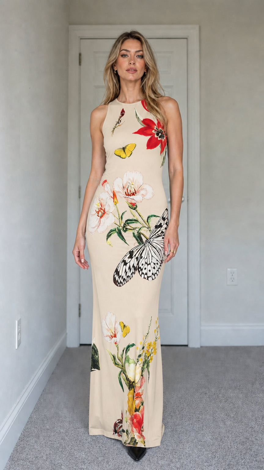 Model wearing beige floral butterfly print sleeveless maxi dress
