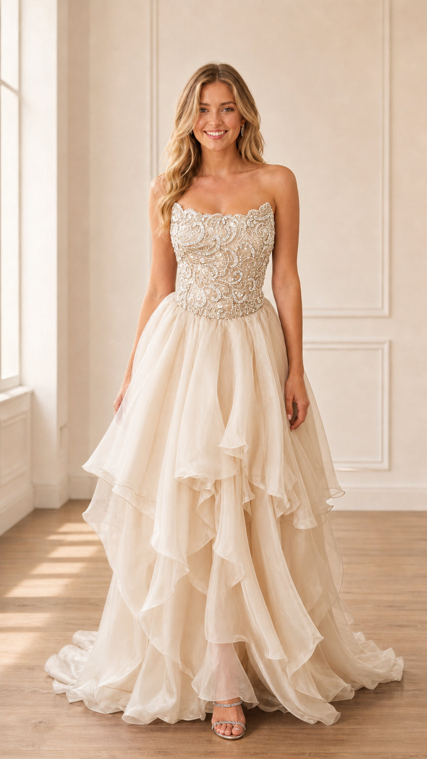 Model wearing champagne strapless beaded tiered gown