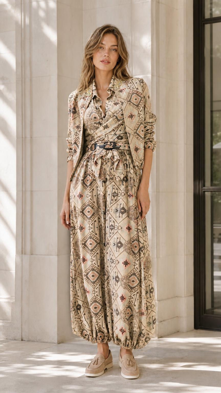 Model wearing beige geometric print shirt and jumpsuit set