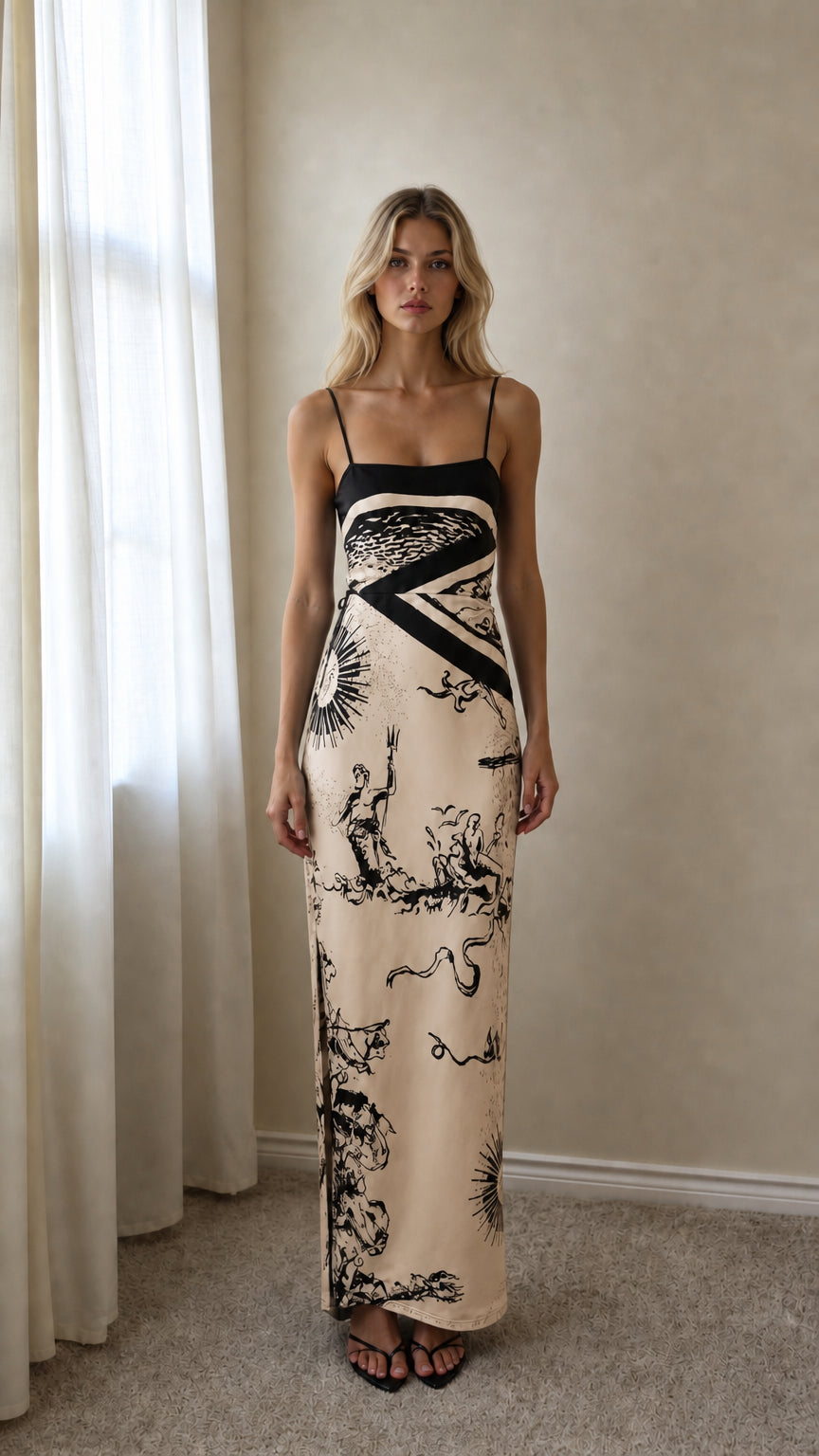 Front view of Beige graphic print maxi slip dress