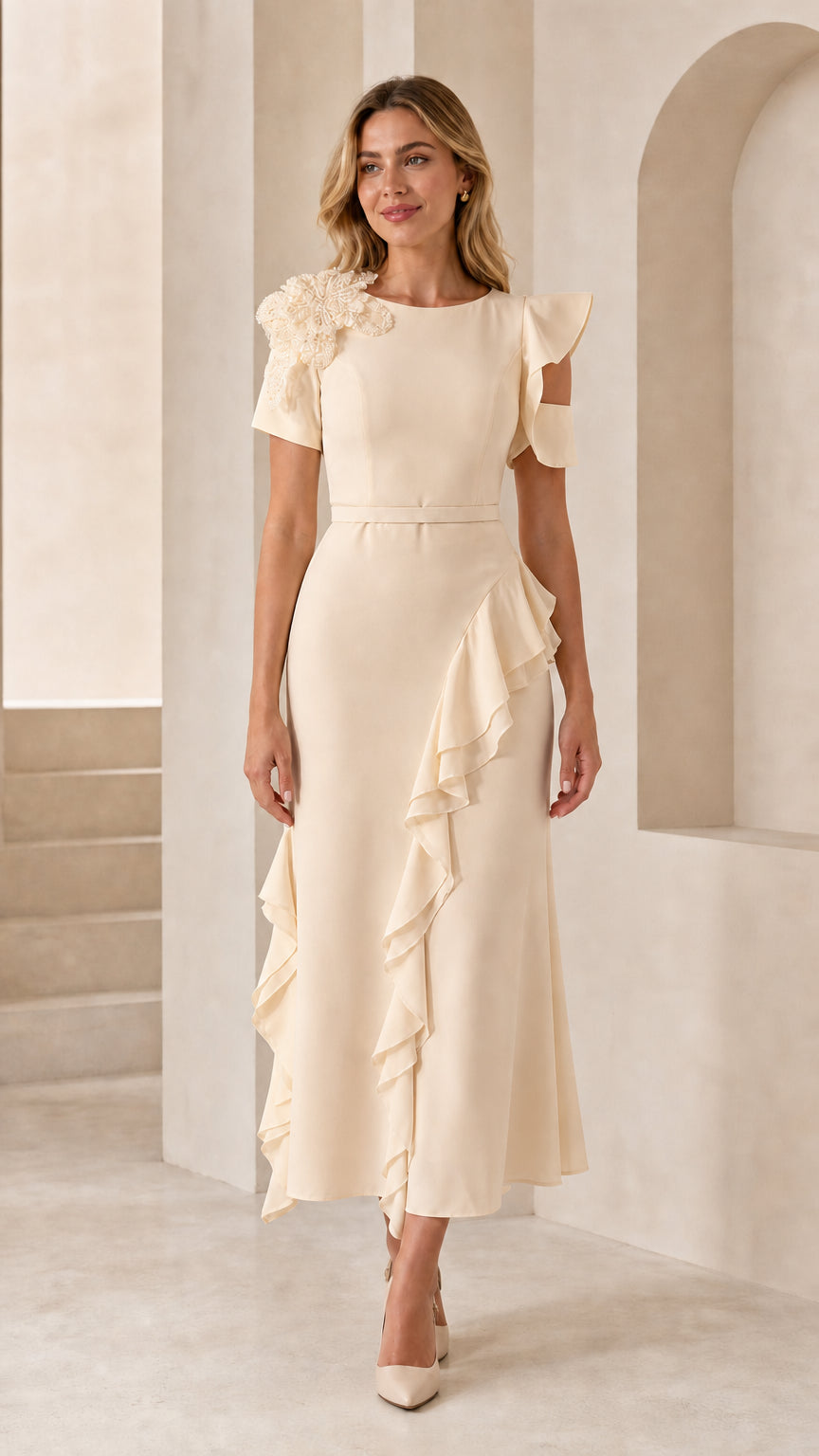 Front view of model wearing champagne beaded ruffle midi dress