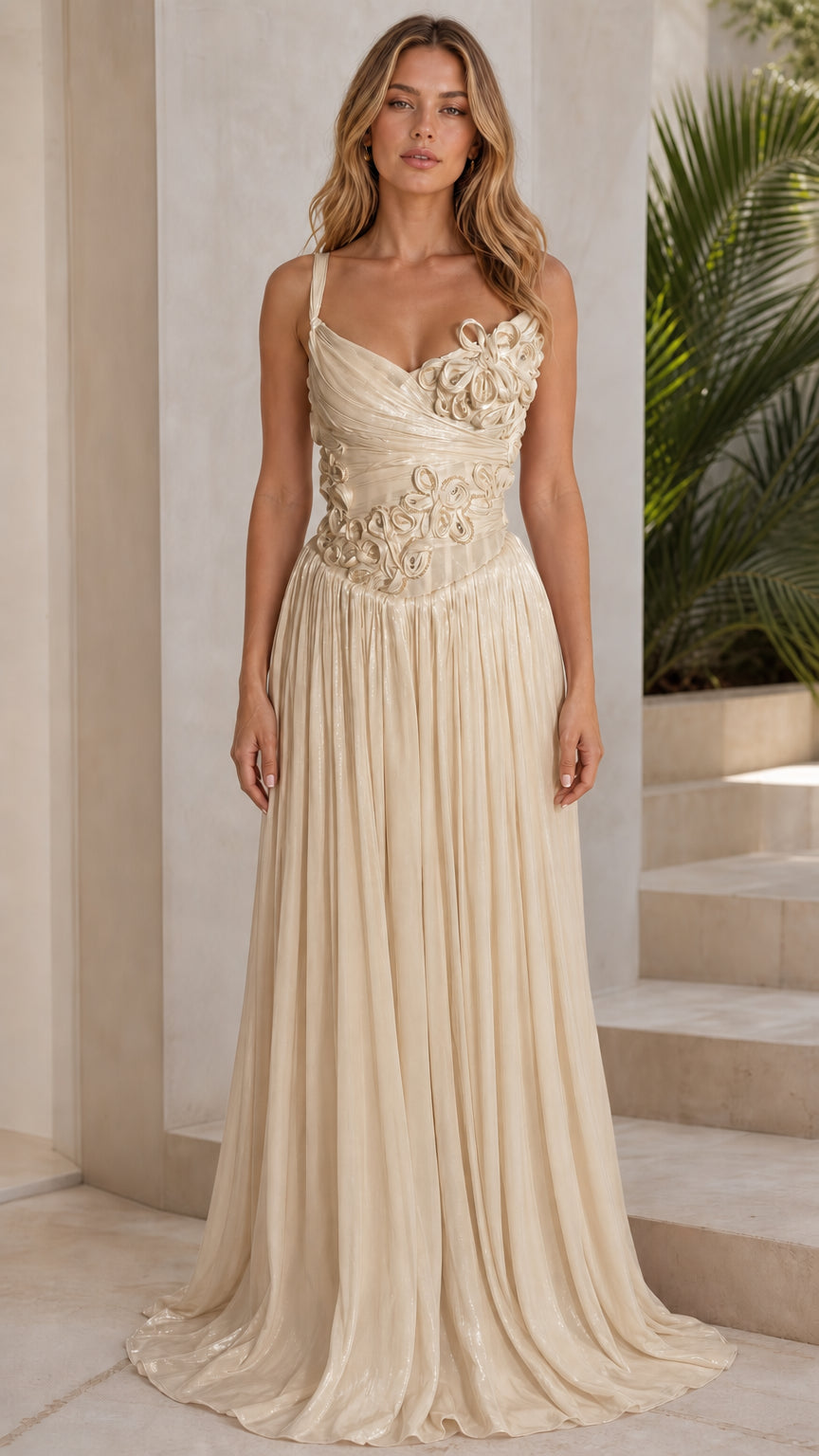 Champagne floral applique pleated evening dress front view