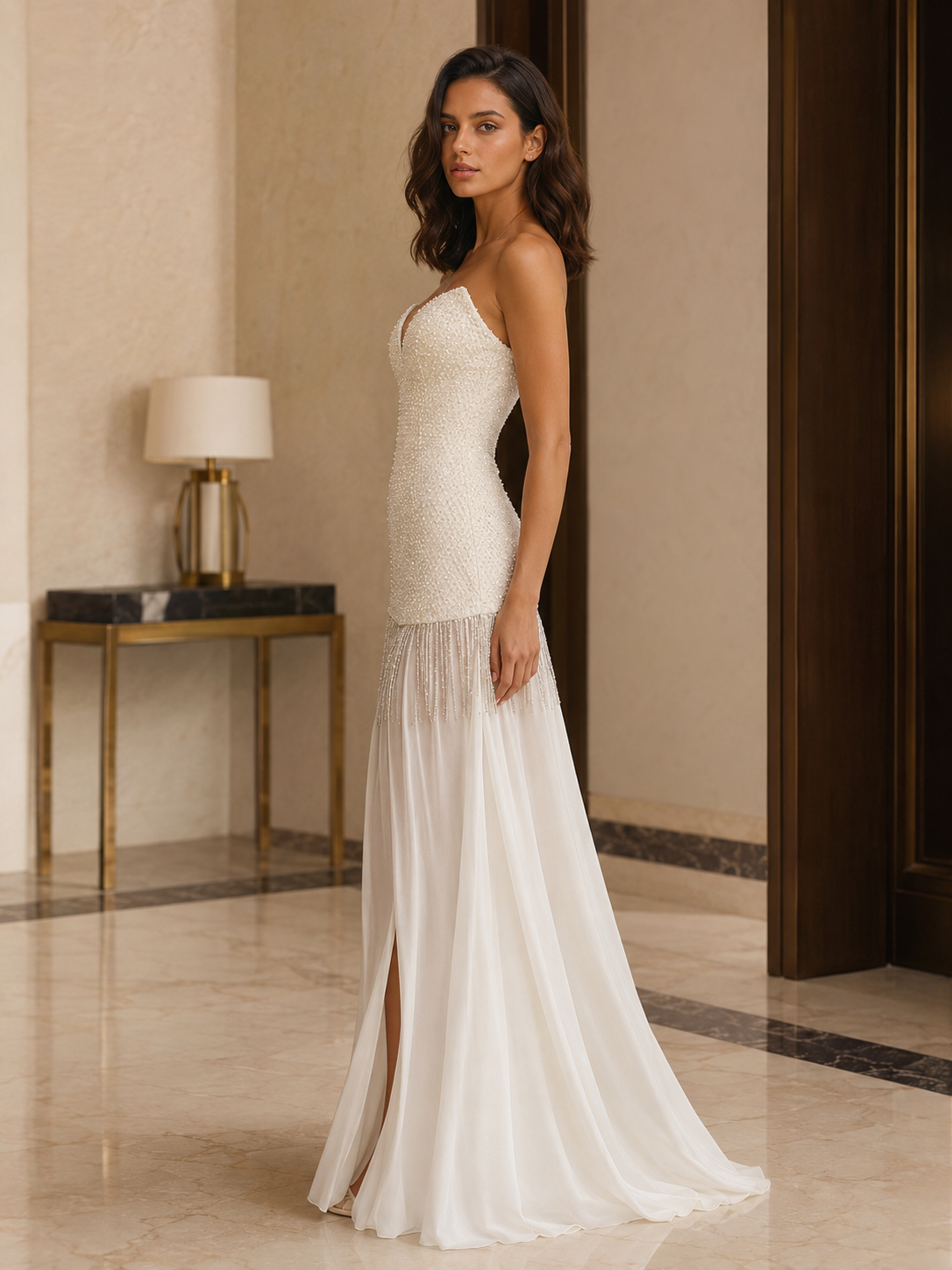 Side view of ivory strapless sweetheart mermaid maxi dress with slim fit and sheer skirt