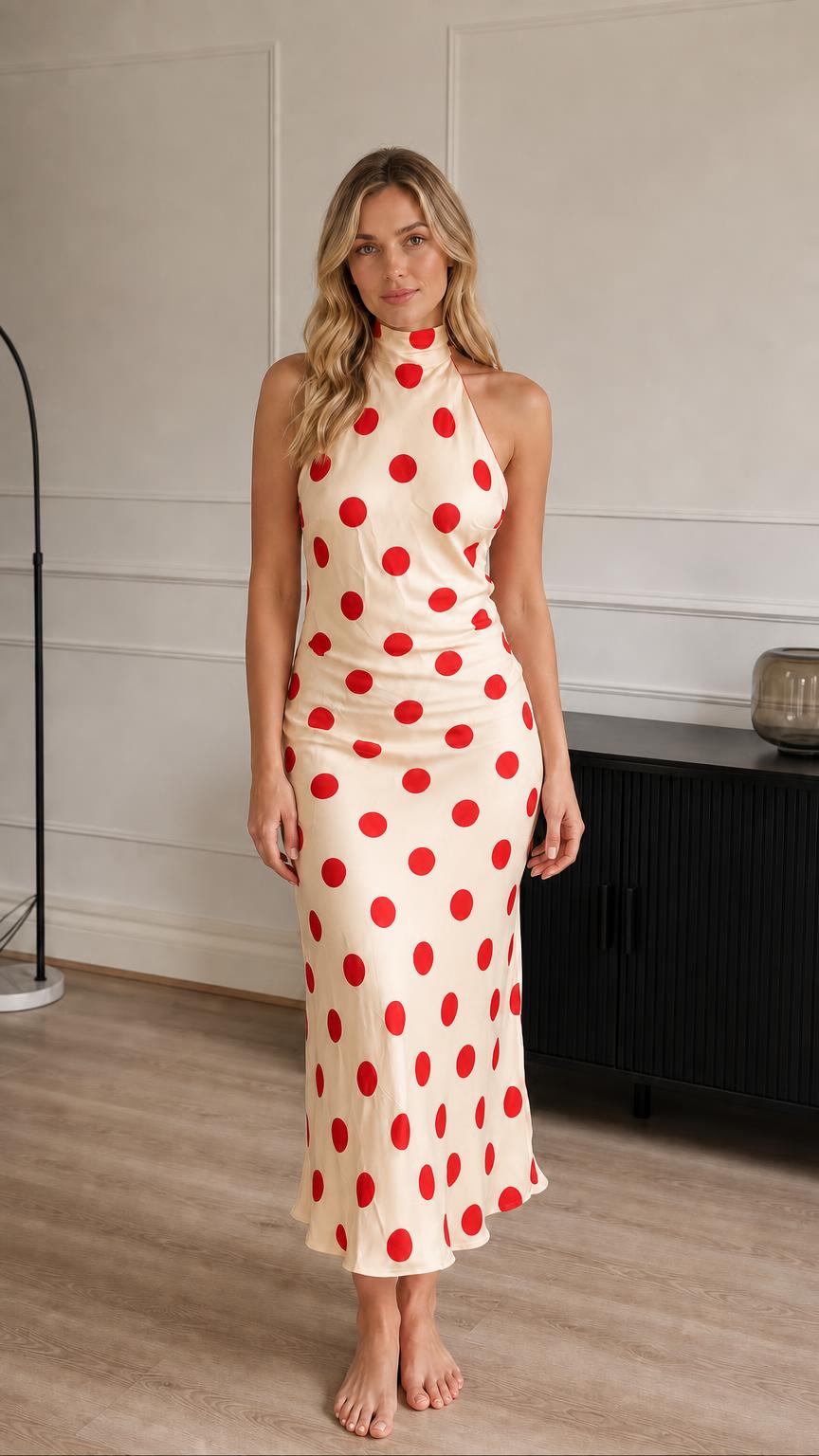 Model wearing cream and red polka dot halter midi dress