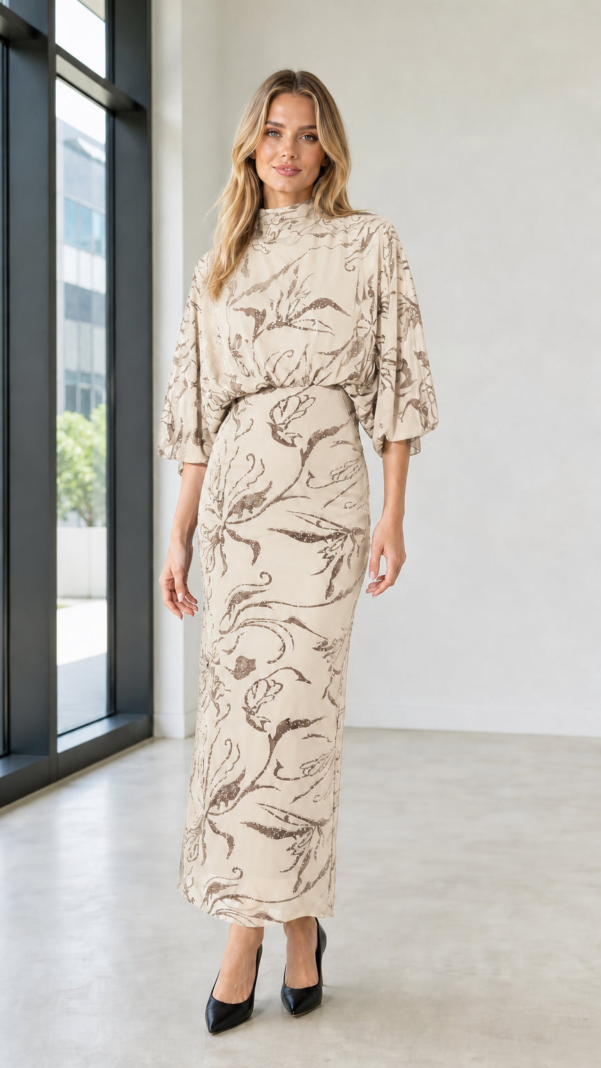 Front view of Champagne mock neck sequin floral maxi dress