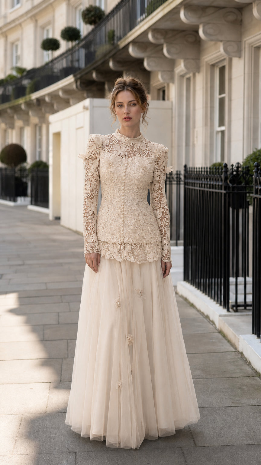Full view of the champagne lace top and matching champagne tulle skirt