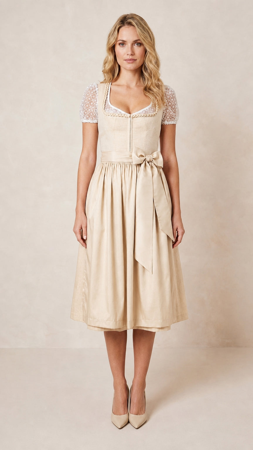 Front view of champagne traditional dirndl dress