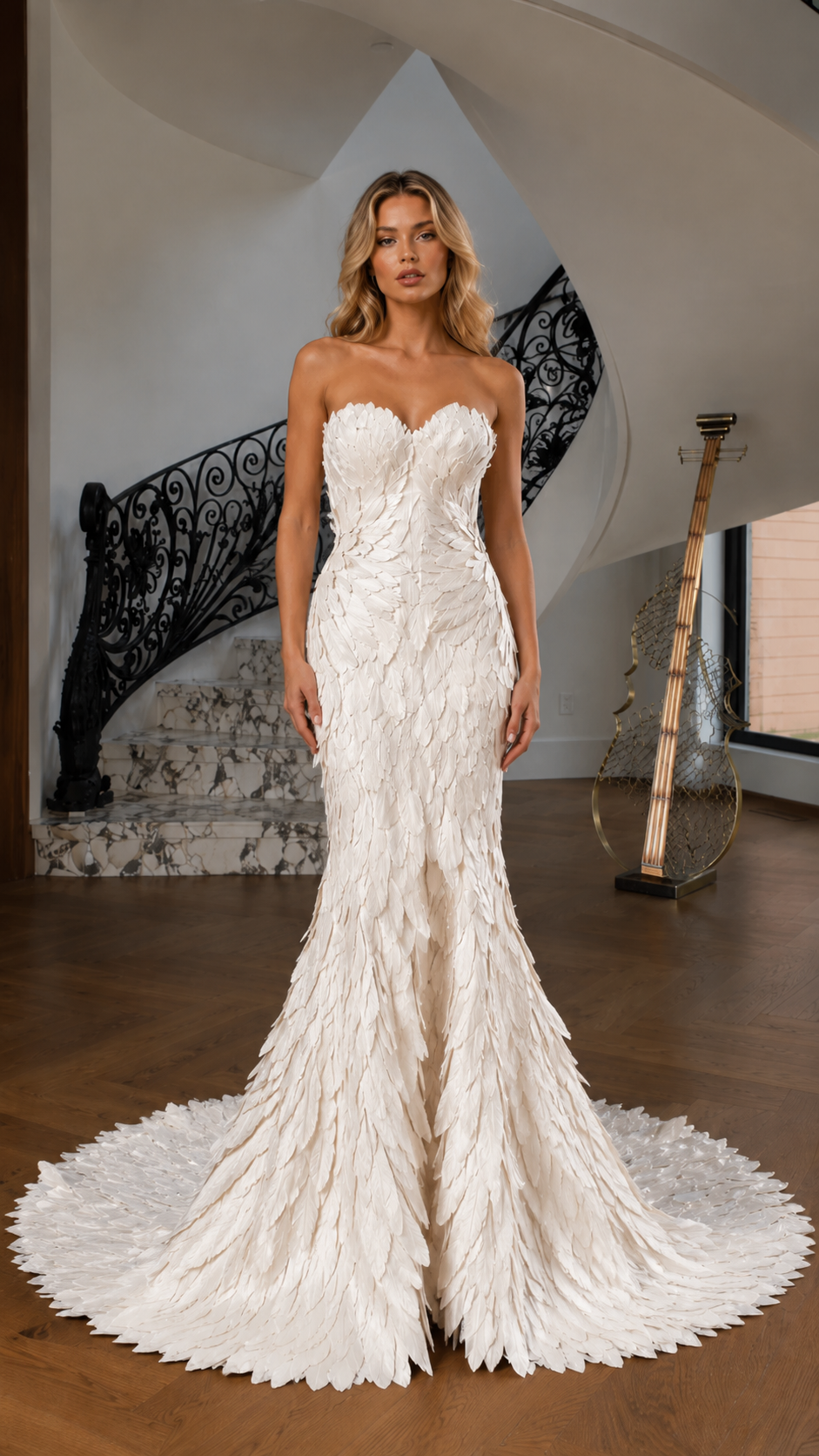 White strapless mermaid evening gown with textured appliqué and full train front view