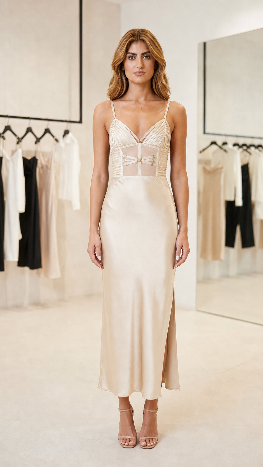 Front view of woman wearing Champagne satin slip maxi dress