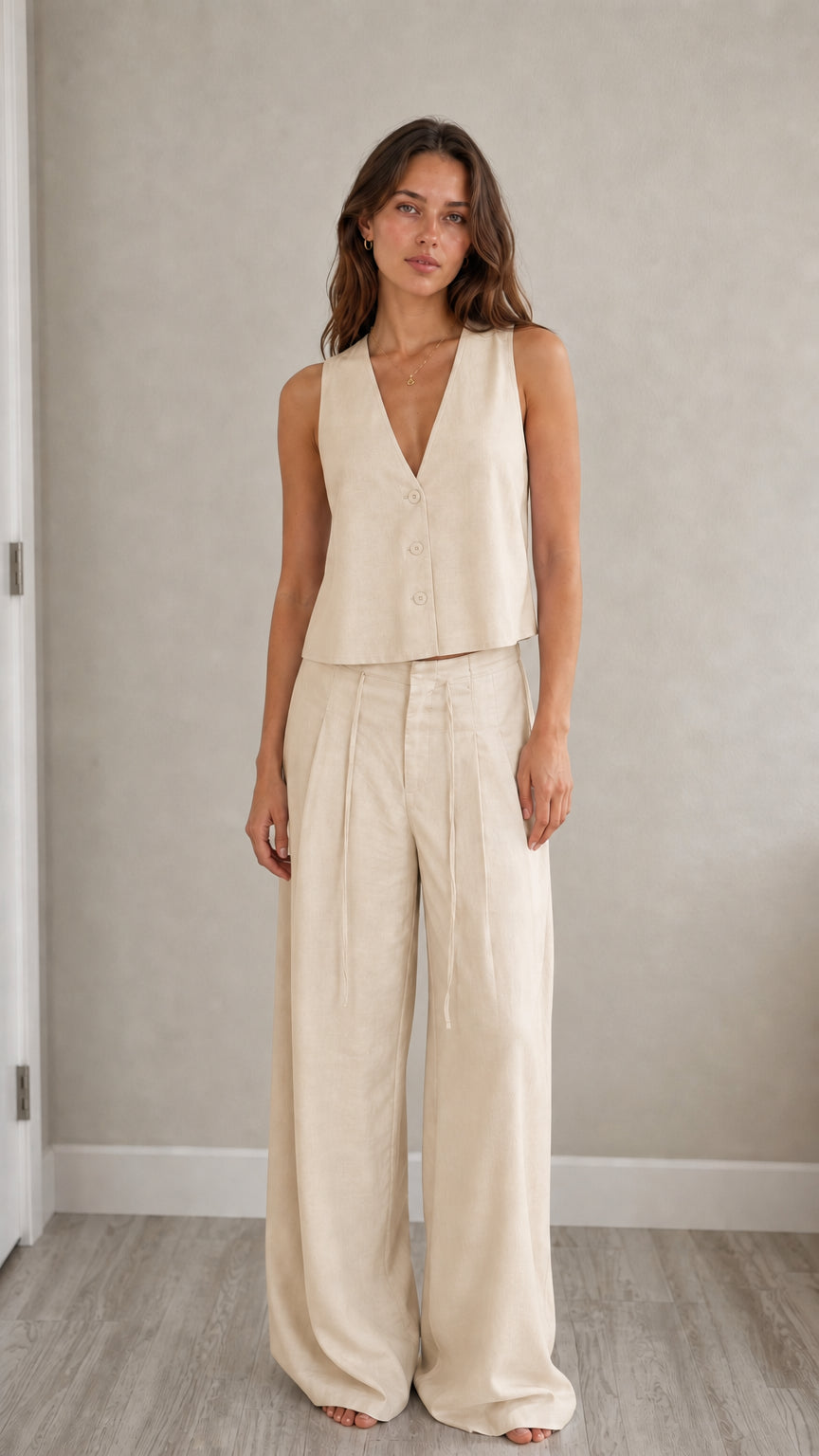 Full-length view of model in beige two-piece vest and pants set