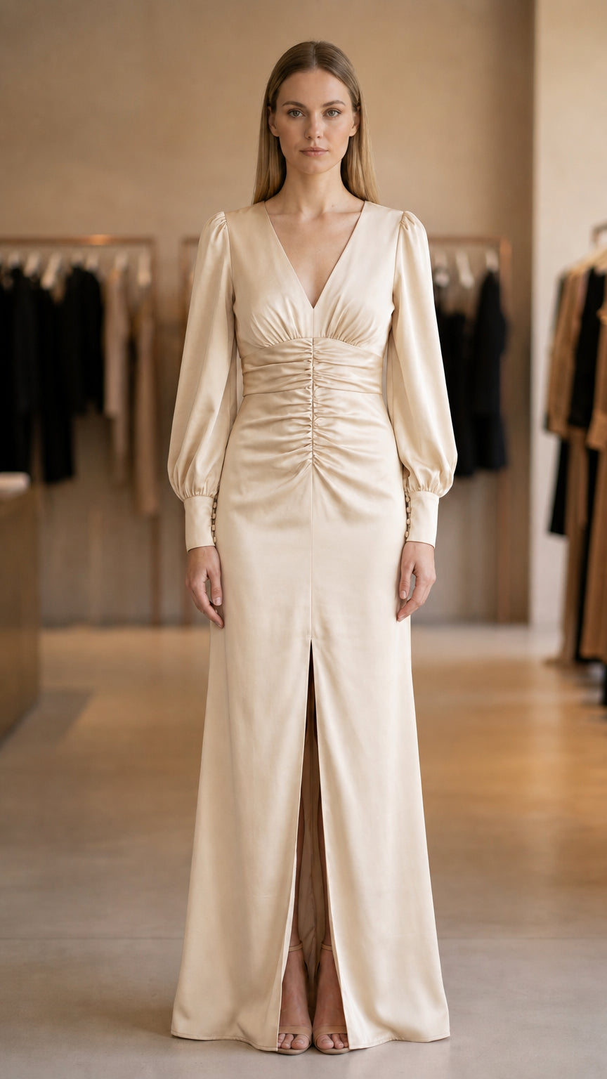 Model wearing champagne evening maxi dress