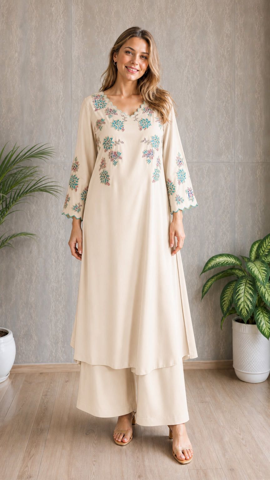 Model wearing beige embroidered tunic and wide-leg pants set