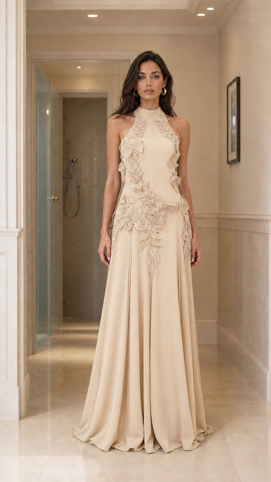 Front view of champagne beige halter neck maxi dress