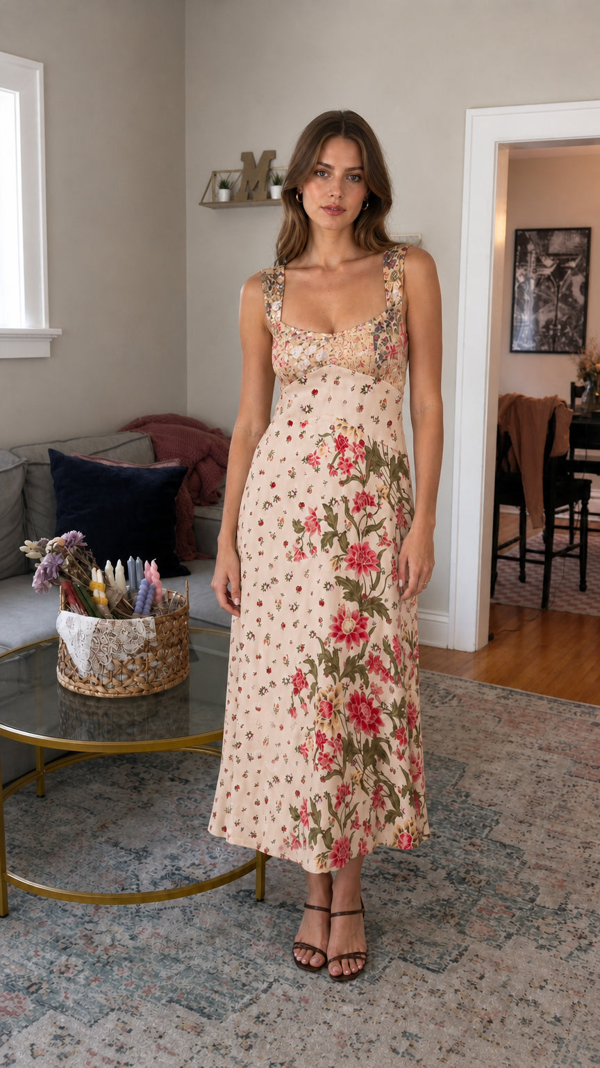Front view of cream floral patchwork midi dress on model
