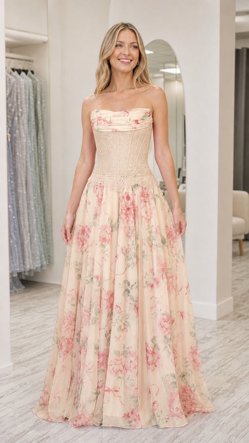 Model wearing champagne strapless floral corset long dress