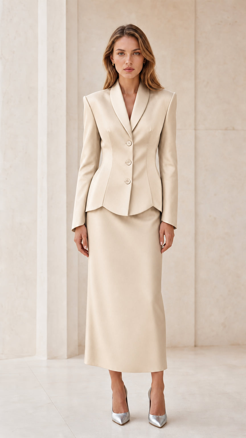 Front view of beige suit set