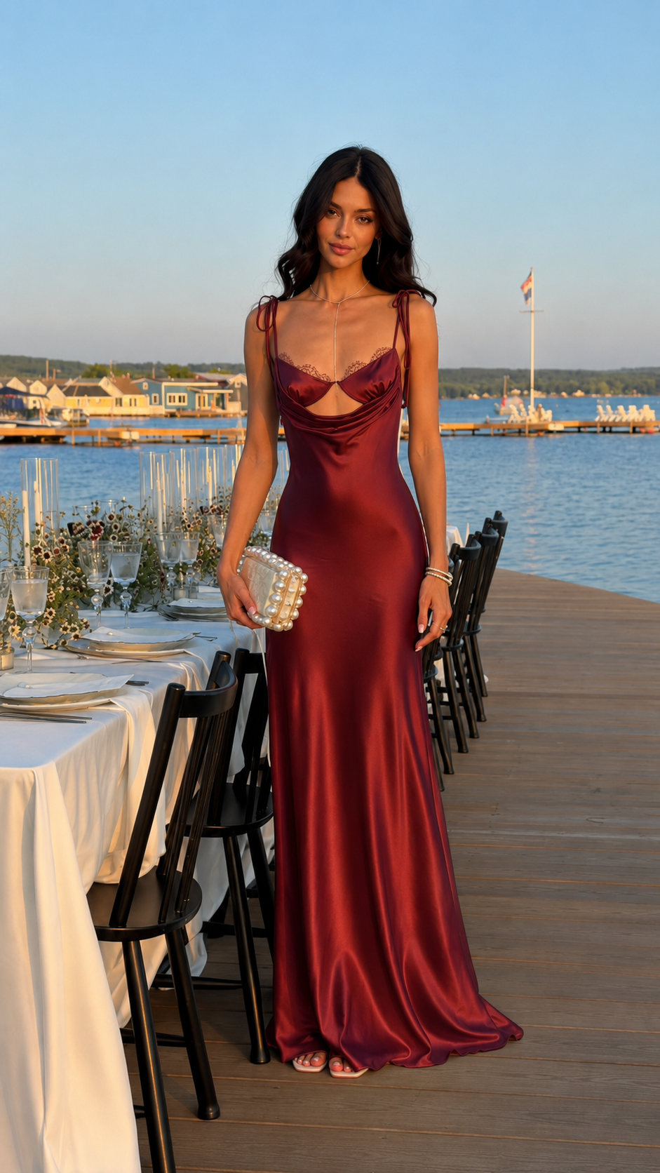 Front view of burgundy satin-look cowl neck cutout maxi dress