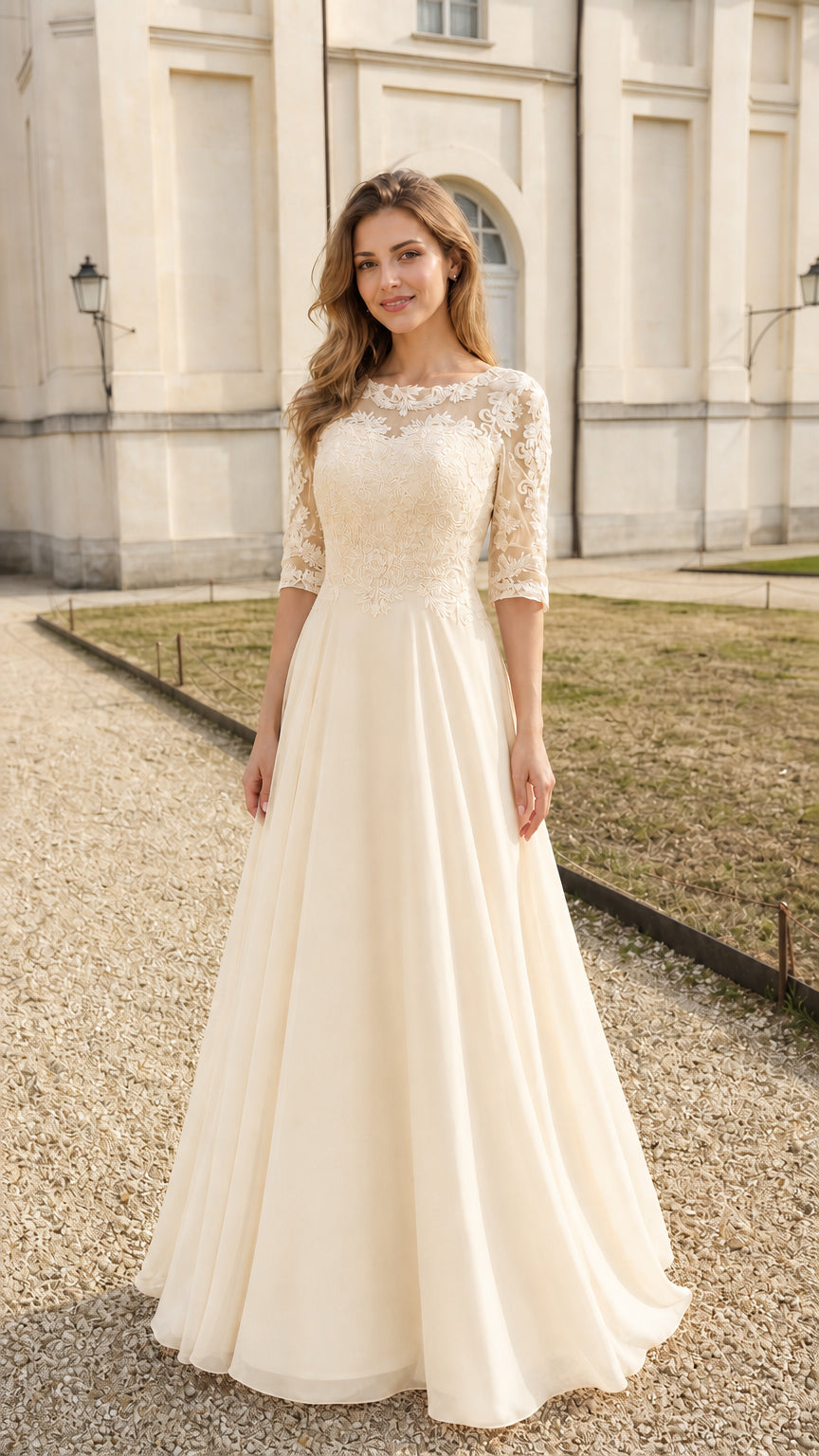 Front full view of champagne lace evening dress