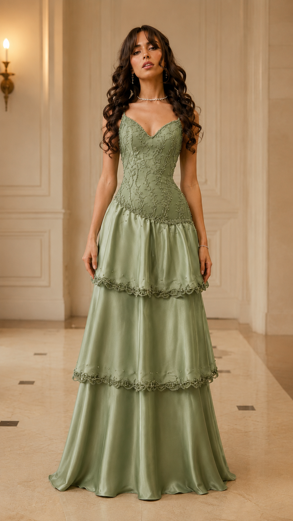 Front view of sage green tiered formal maxi dress with sweetheart neckline