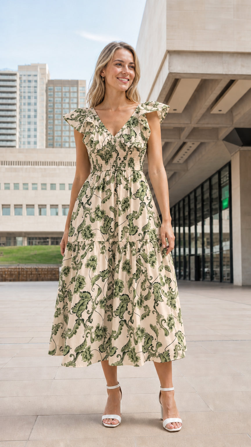 Woman wearing beige floral ruffle smocked midi dress