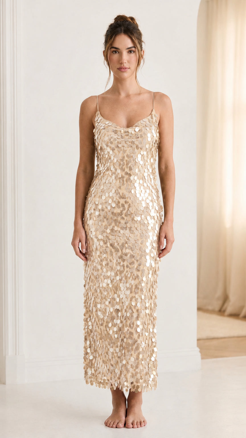 Front view of woman wearing champagne sequin midi dress