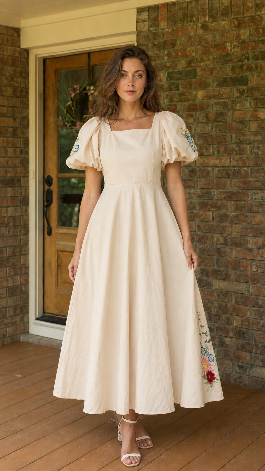 Front view of woman wearing beige embroidered puff sleeve midi dress