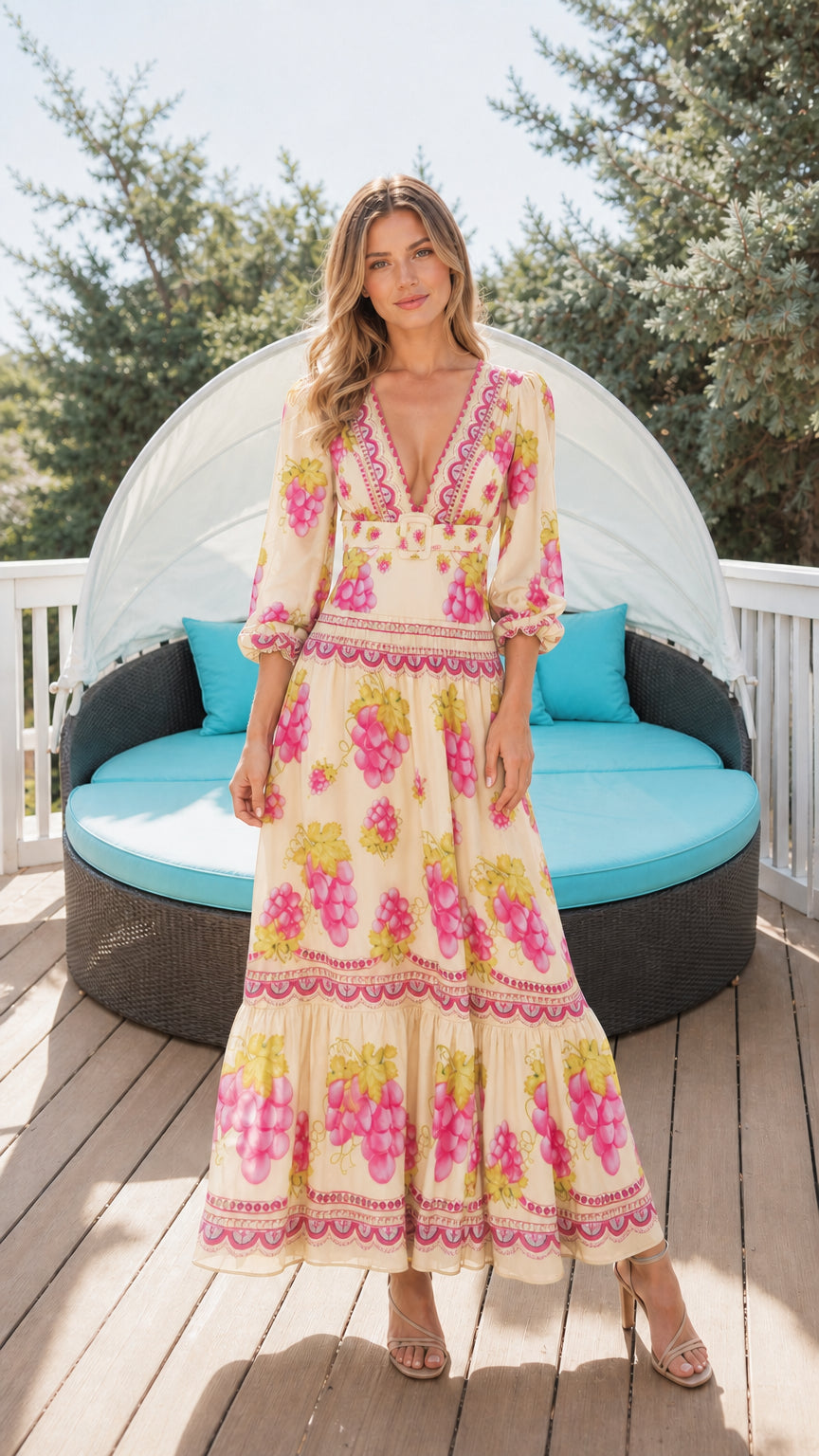 Woman wearing cream floral print maxi dress