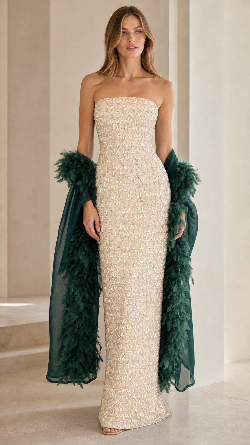Champagne sequin strapless evening gown with wrap