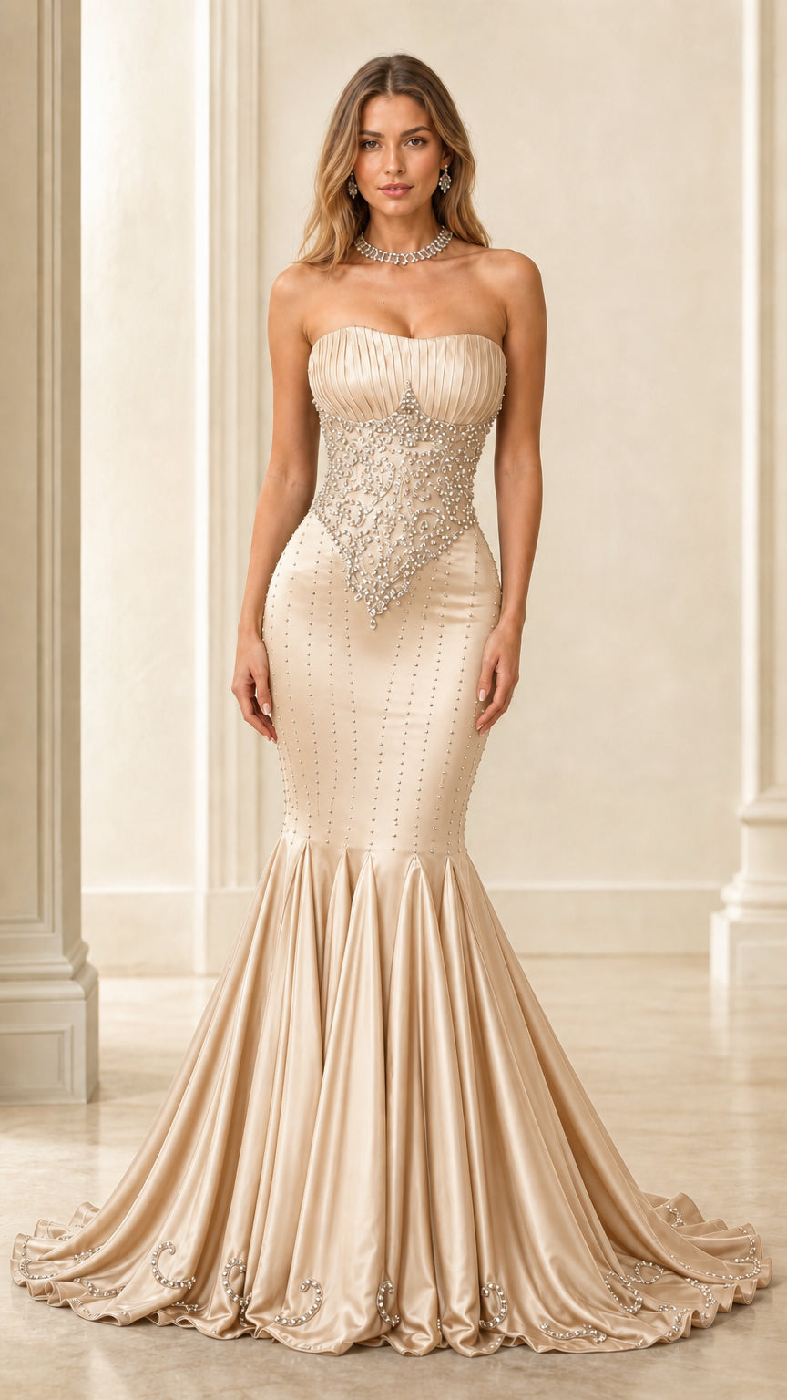 Front view of champagne strapless beaded evening gown