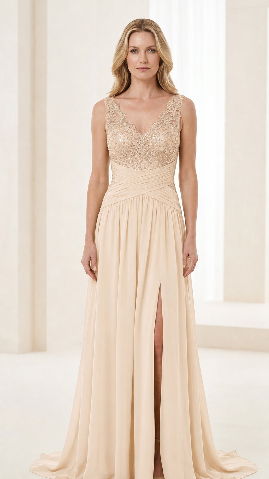 Front view of champagne evening gown with neutral metallic embroidered bodice