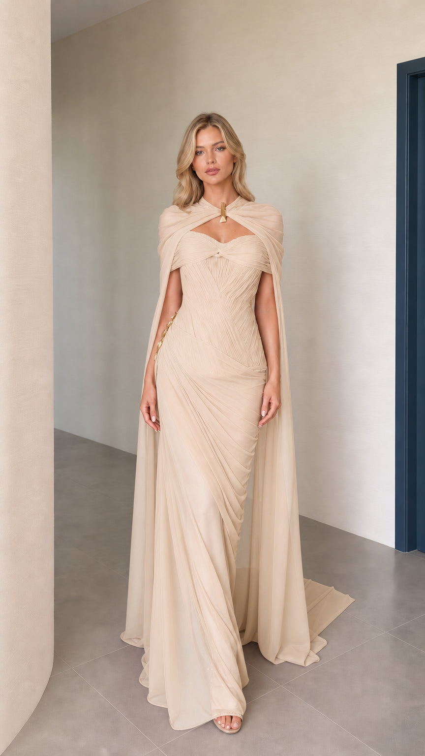 Front view of champagne cape maxi evening dress