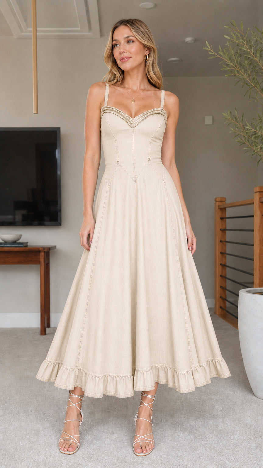 Women's Beige Denim Midi Dress Front View