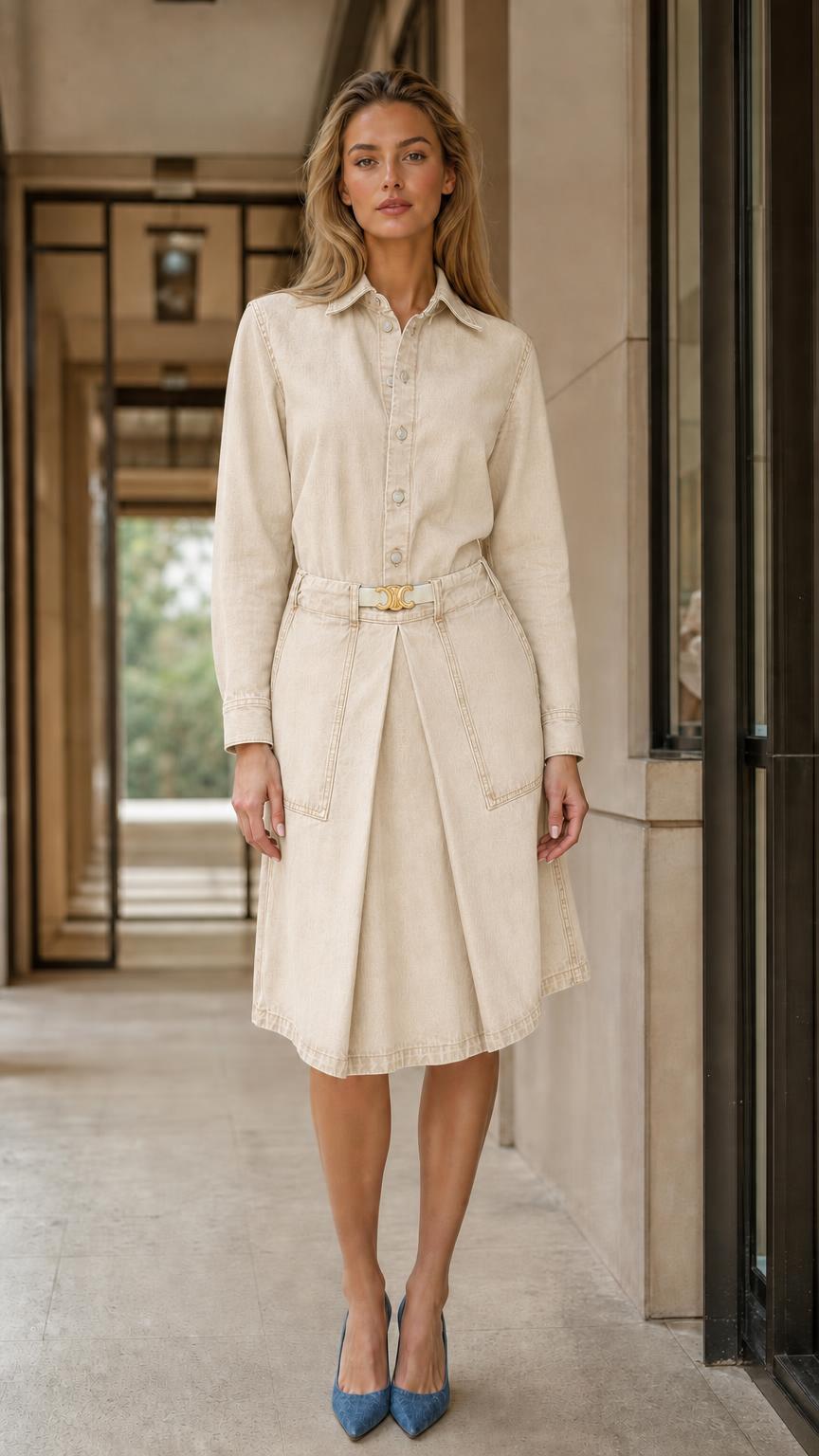 Front view of cream denim shirt dress on model