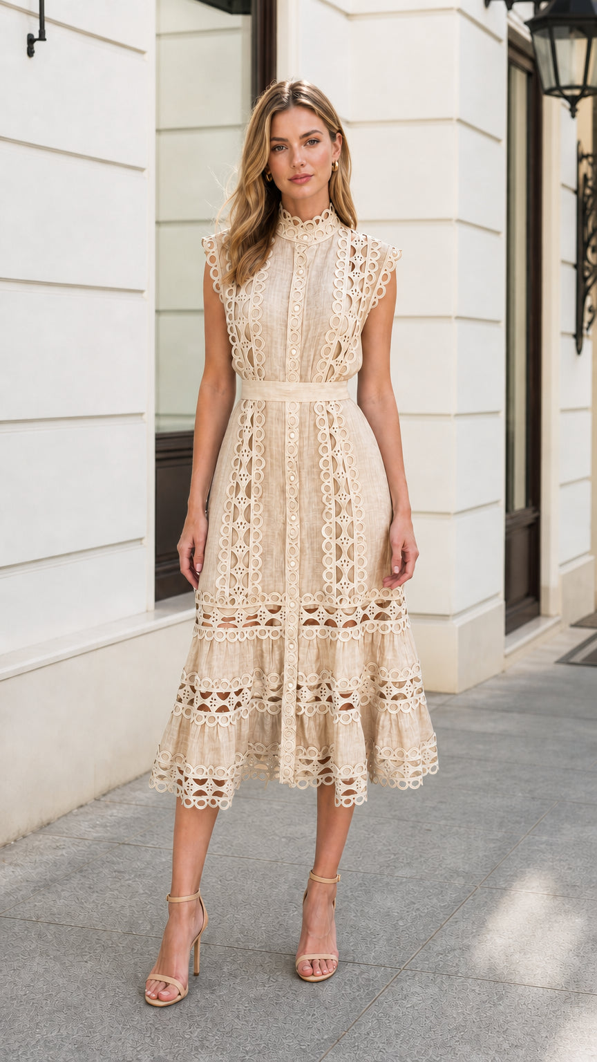 Front view of model wearing Beige lace midi dress