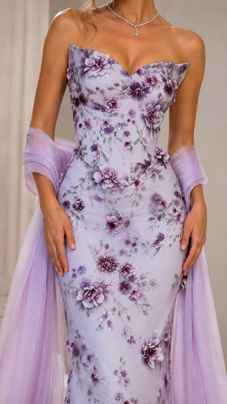 Close-up of lilac sweetheart bodice with floral appliqué detailing