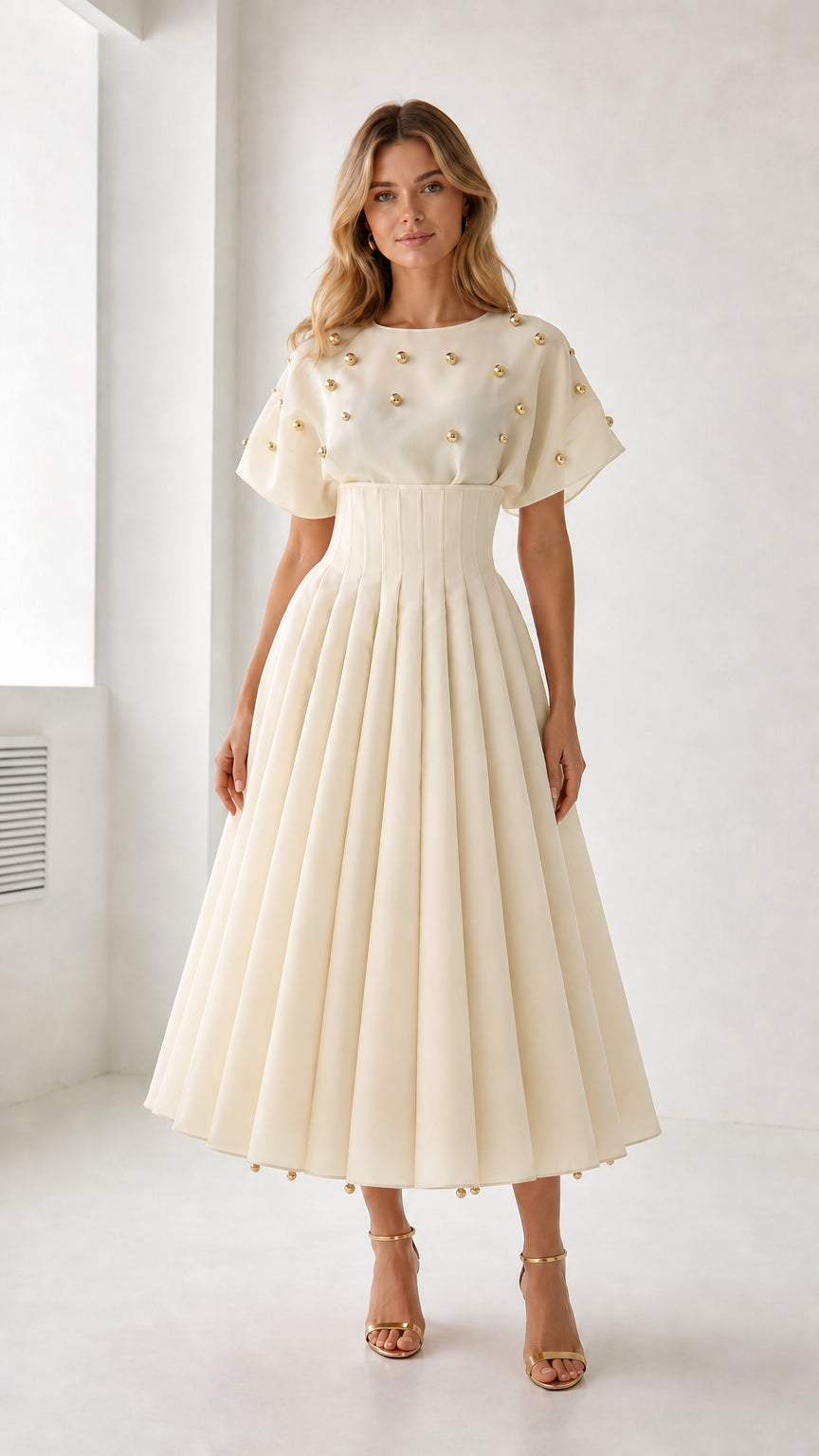 Model wearing cream color variant of the pleated midi dress