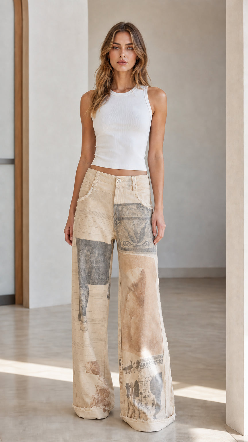 Model wearing khaki patchwork wide leg jeans