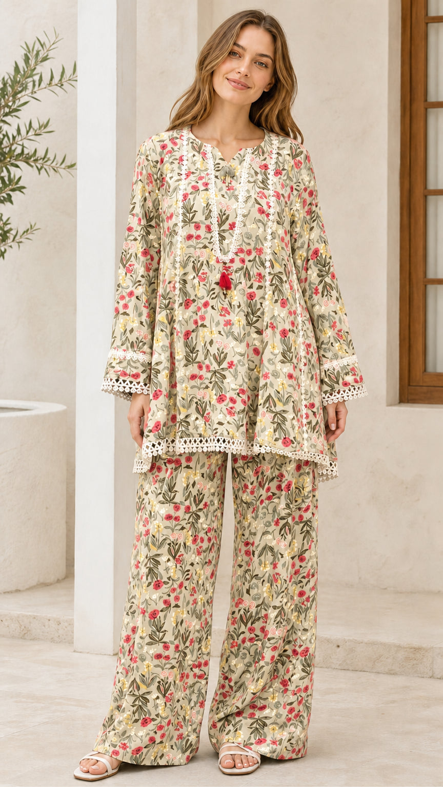 Model wearing yellow floral two-piece set