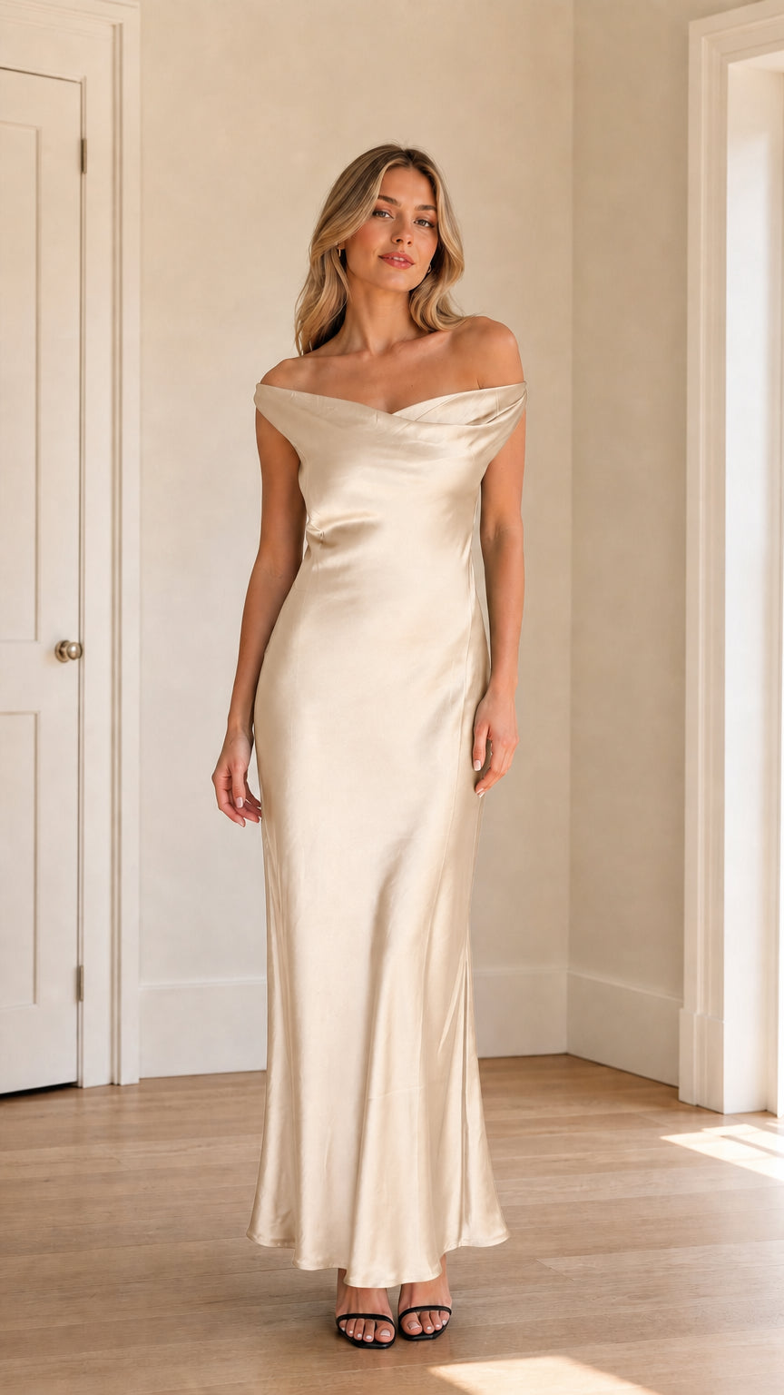 Model wearing champagne off-shoulder satin maxi dress