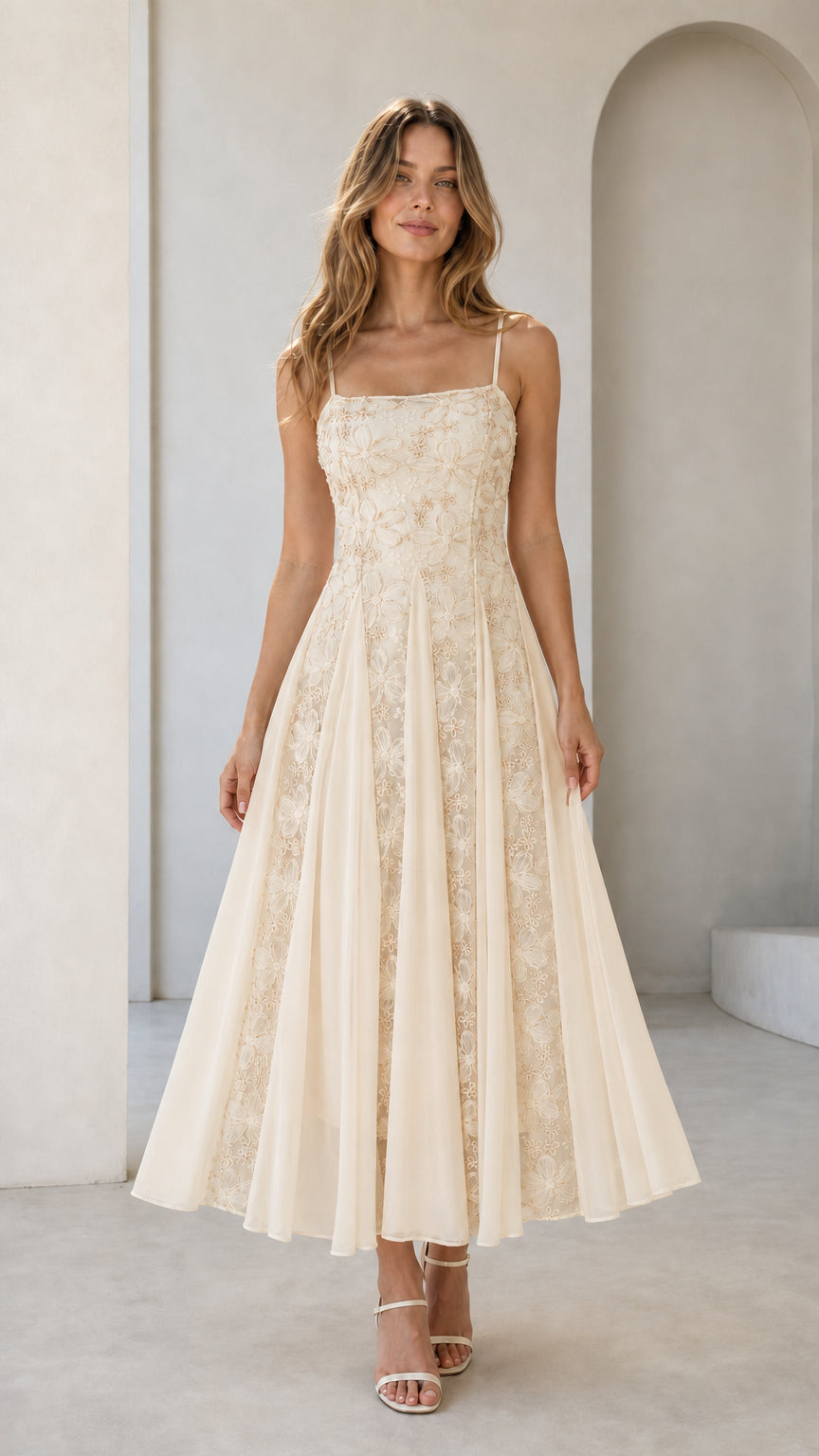 Front view of champagne floral embroidered midi dress on model