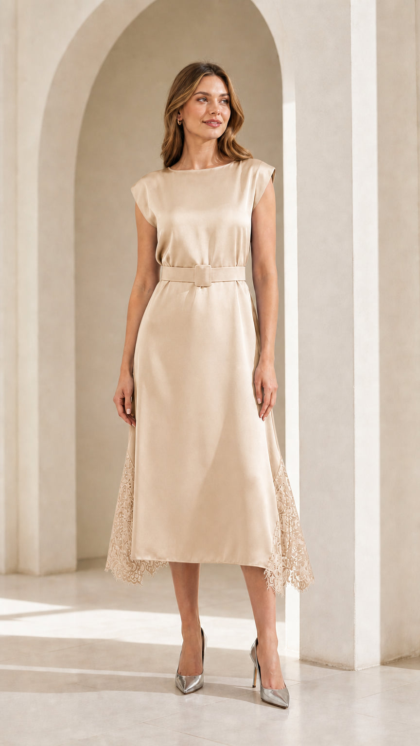 Model wearing champagne satin midi dress