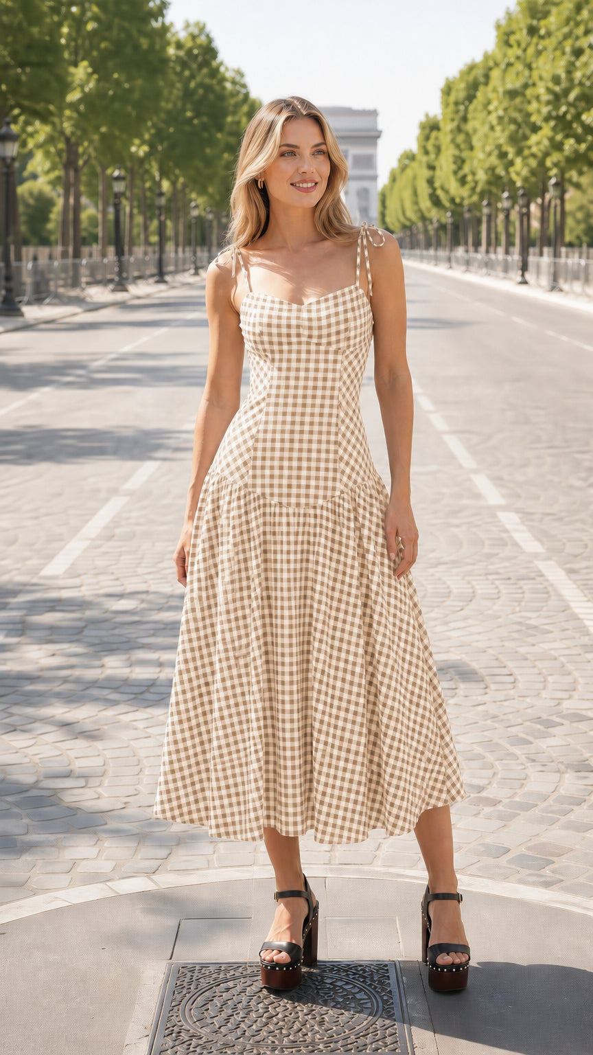 Beige and white gingham midi dress variant on model