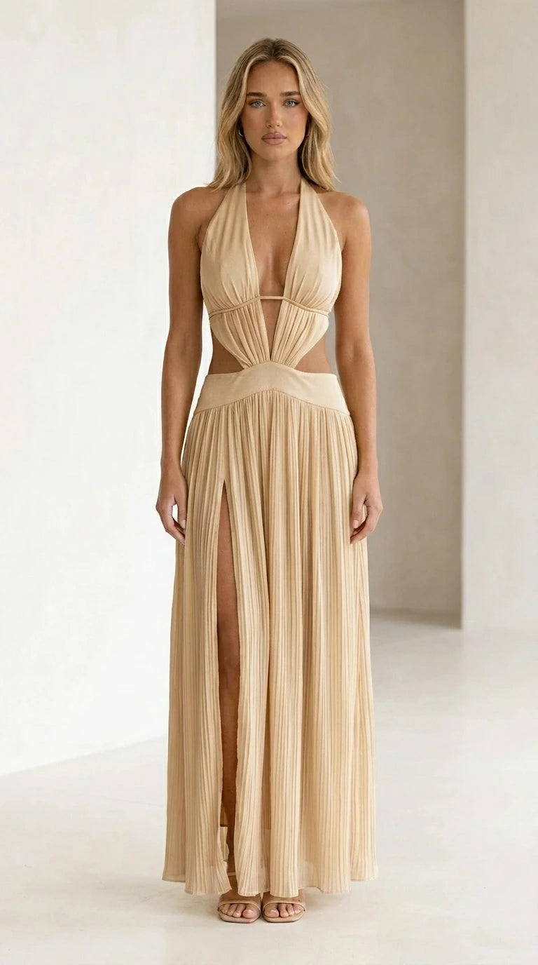 Champagne color variant of halter neck cutout pleated maxi dress