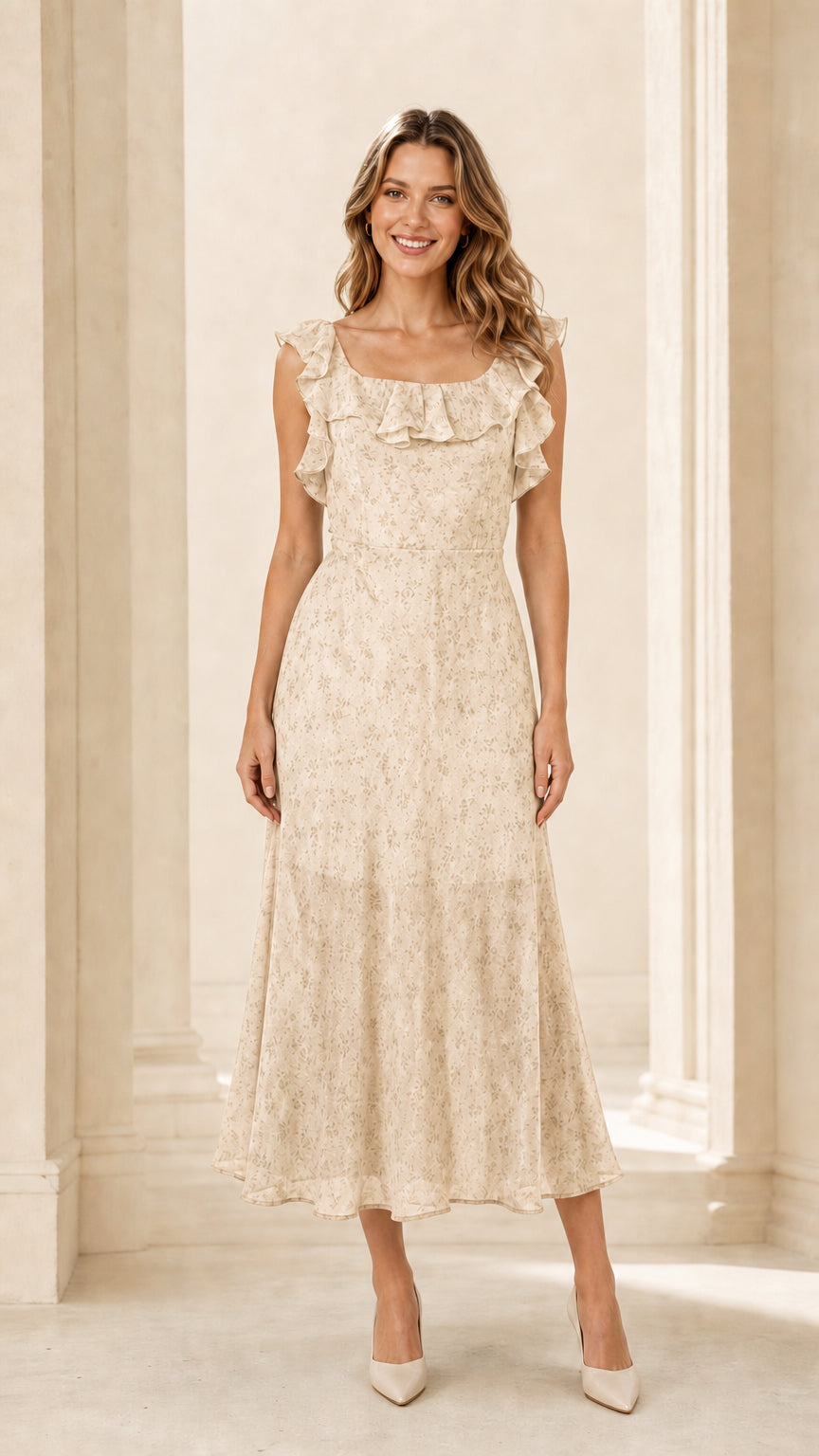 Front view of woman wearing cream ruffled floral midi dress
