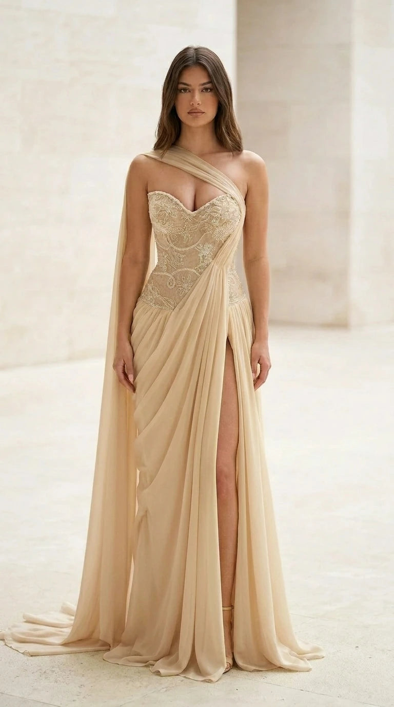 Front view of champagne evening gown