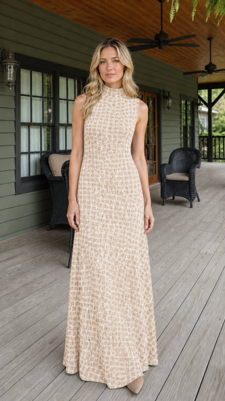 Front view of woman wearing beige textured sleeveless maxi dress
