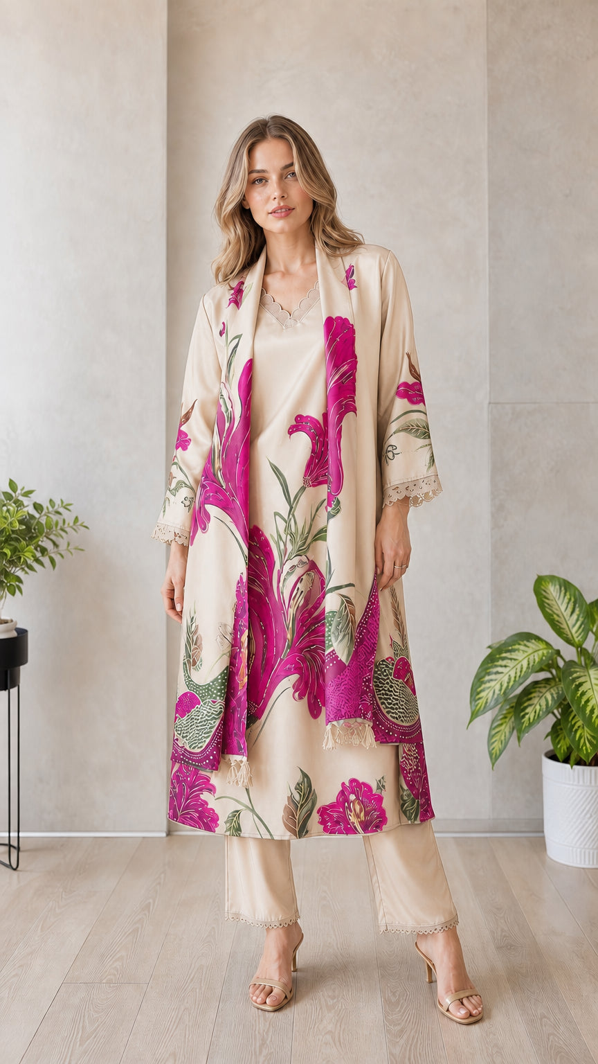 Model wearing cream floral 3-piece cardigan set