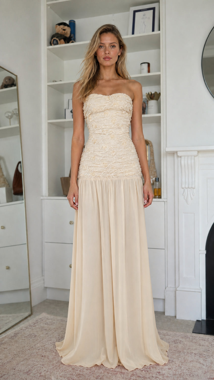 Elegance Strapless Textured Bodice Chiffon Maxi Dress in Champagne