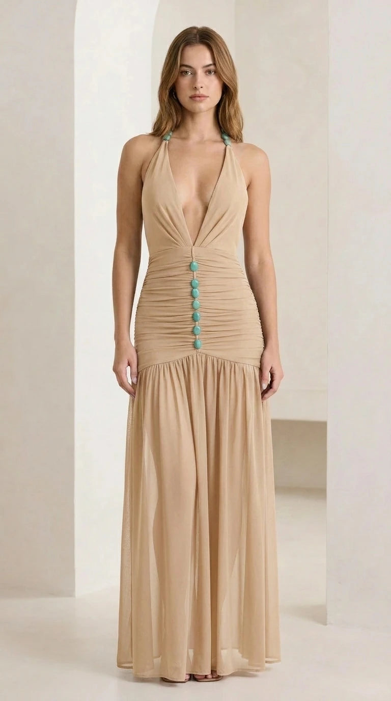 Front view of khaki halter neck ruched maxi dress